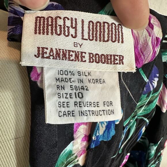 VTG Maggy London Jeannene Booher 100% Silk Floral Black Dress Size 10 Bloomcore - Picture 6 of 15